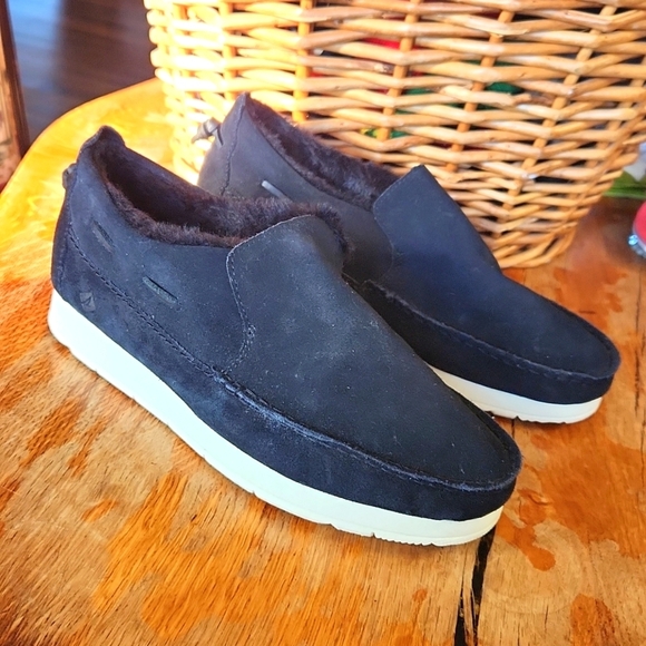 Sperry Moc Sider Black Suede Faux Fur Lined Slip on Shoes Women's Size 9 - Picture 1 of 12